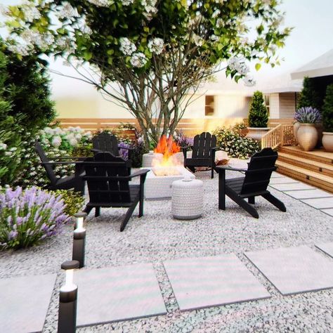 22 Gravel Patio Ideas to Copy | TheGrow Poured Concrete Patio Ideas Landscape Design, Backyard Landscaping With Gravel, Large Pavers With Gravel, Gravel Porch Ideas, Pavers With Pea Gravel Patio Ideas, Gravel Porch, Pea Gravel Yard, Backyard With Gravel, Pavers With Gravel