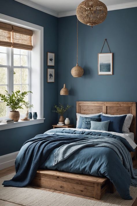 20 Small Boho Style Bedroom Ideas To Make Your Room Feel Bigger – ToolzView Bedroom Ideas Blue Bedding, Boho Blue Bedroom Ideas, Bedroom Inspirations Blue Wall, Cosy Blue Bedroom, Blue Farmhouse Interior, Room Ideas Bedroom Blue, Bedroom Decor Blue Walls, Cozy Bedroom Ideas Blue, Small Blue Bedroom Ideas