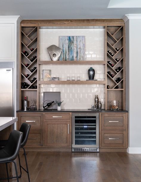 Custom built in with open wine storage cabinets, beverage fridge, and open floating shelves Tall Wine Fridge Wet Bar, Beverage Center Cabinet, Wine Built In Wall, Dry Bar With Wine Storage, Kitchen Servery Ideas, Wine Bar Home Ideas, Closet To Dry Bar, Wine Shelving Ideas, Built In Dry Bar Nook