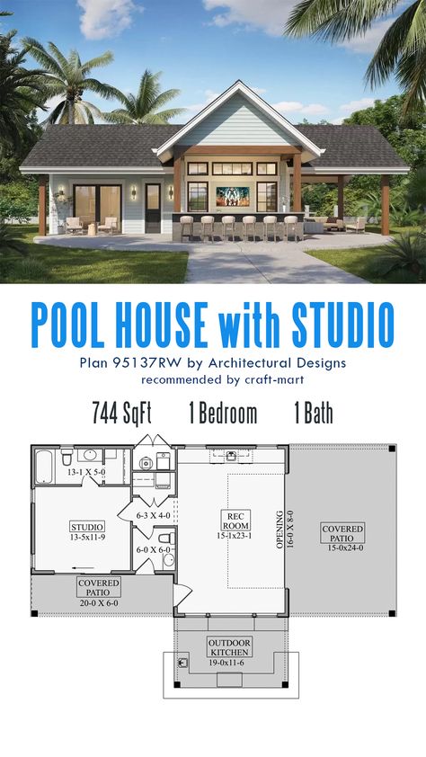 Whether you need a new pool house, a mother-in-law suite, a home office, or a man/woman cave, this is a perfect pre-made plan to meet all your needs. This pool house plan has a 16' by 8' glass garage door that connects the vaulted rec room with bar to the covered patio on the side. A studio has its own full bath and laundry room with sliding doors that open to the covered patio. Pool House With Bunk Room, Mother In Law Pool House, Man Cave Pool House, Pool House With Office, Pool With Pool House Backyard Designs, Pool House Mother In Law Suite, Garage With Pool House, 1 Bedroom Pool House Plans, Two Bedroom Pool House