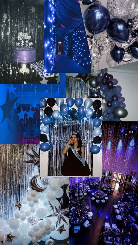 Navy blue and stars 13 Birthday Decorations, Night Under The Stars Party, Sweet Sixteen Party Ideas Decoration, Starry Night Prom Theme, Sweet 16 Dresses Blue, Midnight Birthday, Blue Birthday Themes, Blue Party Themes, Sweet Sixteen Themes