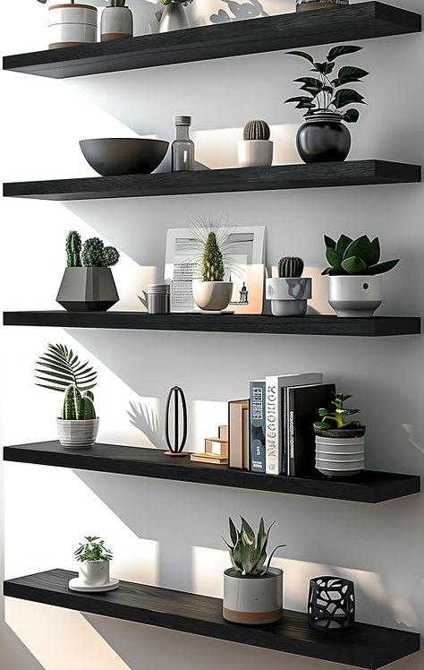 Amazon.com: HXSWY 36 Inch Rustic Floating Shelves Wall Mounted Farmhouse Wooden Wall Shelf for Bathroom Kitchen Bedroom Living Room Set of 5 Black : Home & Kitchen Floating Shelves With Desk, Feature Wall Shelves, Boys Room Floating Shelves, Dark Shelves In Living Room, Black Minimalist Decor, Work Office Shelf Decor, All Black Home Decor, Guy House Decor, Kitchen Table Wall Decor Ideas