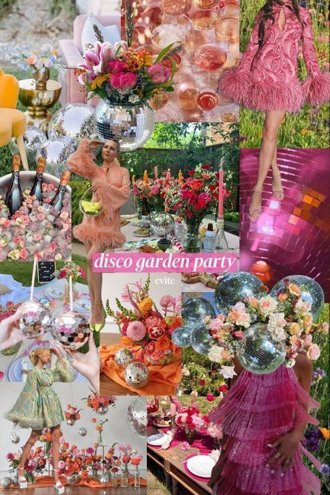 Disco Garden Party Decorations, Disco Food Table, Garden Party Disco, 70s Garden Party, Disco Garden Party Aesthetic, Floral Disco Party, Disco Garden Wedding, Disco Tea Party, Garden Disco Party