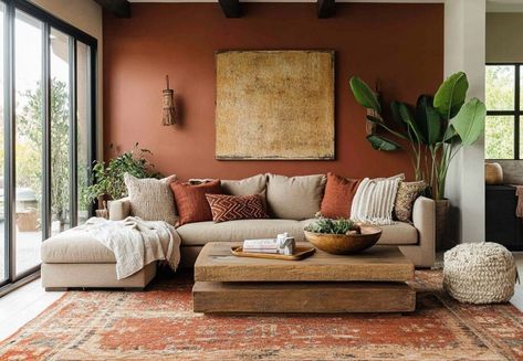 Light Couch Dark Walls, Boho Colors Living Room, Terracotta Wainscoting, Terra Cotta Accent Wall Living Room, Copper Couch Living Room Ideas, Terracotta Paint Color Living Room, Terracotta Interior Design Living Rooms, Earthy Colorful Living Room, Southwestern Interior Design Living Room