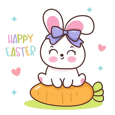 Happy easter bunny with a carrot on a wh... | Premium Vector #Freepik #vector #cute-rabbit #bunny #rabbit #cute-bunny Easter Bunny Drawing, Easter Bunny Cards, Easter Cartoons, Easter Drawings, Easter Poster, Boy Coloring, Cute Gnomes, Easter Stickers