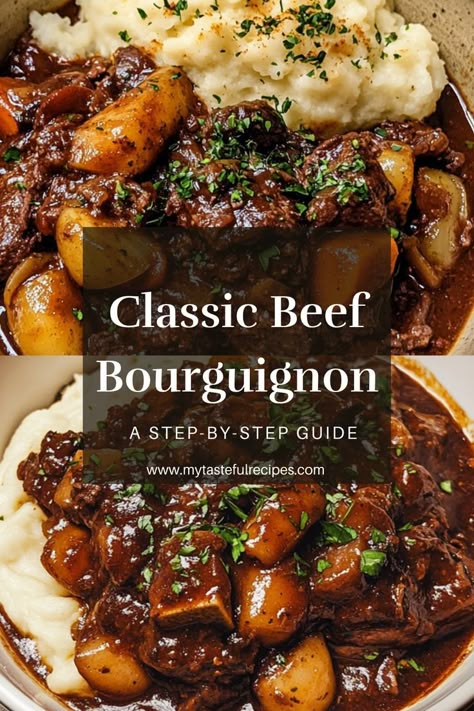 A melt-in-your-mouth classic! This Slow-Cooked Beef Bourguignon is the ultimate comfort dish, with tender beef, rich wine sauce, and hearty vegetables all slow-braised to perfection. The Modern Proper Recipes, Beef Burgundy Pioneer Woman, Julia Childs Beef Bourguignon Recipe, Beef Burgignion, Hearty Beef Recipes, Beef Bourguignon Soup, Dutch Oven Beef Bourguignon, Winter Meat Recipes, Beef Bourginon Recipe Slow Cooker