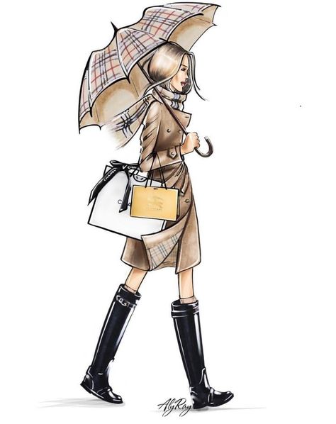 Fall Fashion Sketches, Burberry Illustration, Ideas What To Draw, Fall Fashion Illustration, Vogue Illustrations, Henn Kim, Girl With Umbrella, Chanel Art, Fashion Clipart