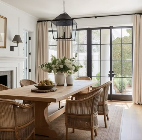 White Paneled Walls, Wood Farmhouse Dining Table, Farmhouse Dining Room Design, Rustic Farmhouse Dining Room, Cozy Modern Farmhouse, Steel French Doors, Neutral Dining Room, Cottage Dining Rooms, Paneled Walls