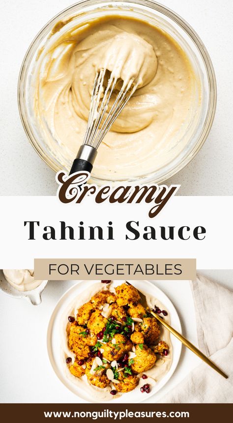 Upgrade your favourite vegetable side dish with the creamy, zesty magic of tahini sauce. This easy tahini sauce recipe is perfect as a dressing or dip for all your veggies, from fresh to roasted. With just a three key ingredients (lemon juice, garlic, and tahini),  it adds a deliciously nutty flavour to any dish. I love to serve it with roasted cauliflower, but it's just as good with falafel! Whip up this versatile tahini sauce in just 5 minutes and transform your vegetable dishes into feasts! Tahini Dipping Sauce For Veggies, Creamy Tahini Sauce, Tahini Sauce For Shawarma, Dipping Sauce For Cauliflower, Tahini Sauce For Falafel, Tahini Sauce For Vegetables, Tahini Dressing For Roasted Vegetables, Roasted Veggie Sauce, Tahini Recipe Ideas Healthy