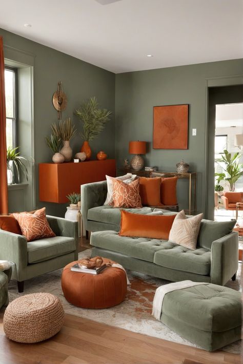 Can I Create an Oceanic Oasis? Sage Green and Burnt Orange Living Room Spectacle [2024] #Ad #homedecor #homedesign #fixhome #Painthome #interiorarchitecture Green Room Orange Sofa, Brown And Green Boho Living Room, Orange And Green Lounge, Yellow Orange Green Home Decor, Green And Orange Furniture, Green Couch Green Wall Living Room, Orange Green Home Decor, Sage And Burnt Orange Living Room, Orange And Sage Living Room