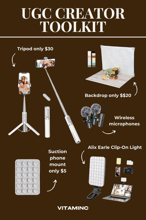 Content Creator Must-Haves, Content Creator Tools, Content Equipment, Selfie Stick, Tripod, Canon Camera, Ring Light, Content Essentials, Content Must-Haves, Filming Microphone, Creative Gear, Studio Setup, High-Quality Camera, Professional Lighting, Audio Equipment, Editing Software, Social, Media Toolkit, Video Editing Tools, Content Creator Starter Kit, Content Creator Starter Pack, Content Planning, UGC Creator, UGC, UGC Toolkit, How to Start UGC Today, instagram, start a business Ugc Tips, Vlog Tips, Social Media Toolkit, Start Youtube Channel, Social Media Content Planner, Selfie Stick Tripod, Easy Photography Ideas, Business Branding Inspiration, Startup Business Plan