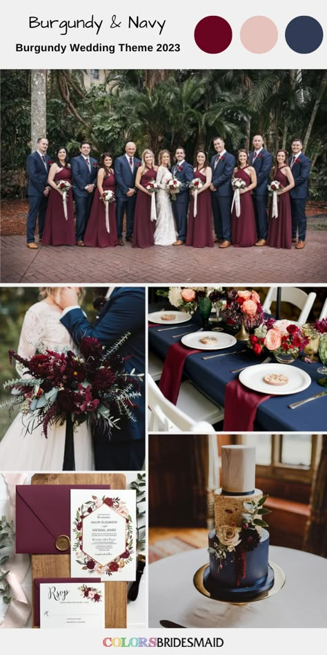 Navy Blue Wedding Theme, Navy And Burgundy Wedding, Burgundy Wedding Theme, Navy Wedding Colors, Burgundy Background Aesthetic, Spring Wedding Outfit, Wedding Theme Color Schemes, Burgundy And Blush Wedding, Fall Wedding Color Schemes