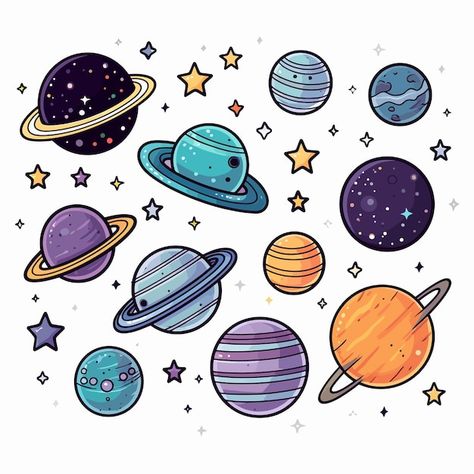 Premium Vector | A cartoon drawing of planets and stars with the words " planets ". All Planets Drawing, Drawing Of Universe, Planet Cute Drawing, Stars And Planets Drawing, Space Cartoon Drawing, Planets Aesthetic Drawing, Planets Drawing, Cartoon Planets, Alien Clipart