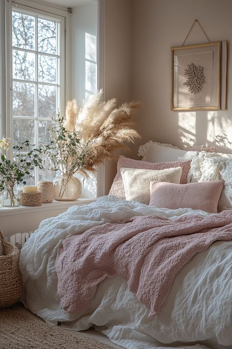 Create a stylish and comfortable white and pink bedroom for teenage girls. Explore crisp white bedding, blush pink accent walls, and delicate floral patterns. Discover white furniture with pink cushions, rose gold metallic accents, and romantic artwork. Find inspiration for pink and white striped curtains, plush pink rugs, and crystal chandeliers to design a space that's both trendy and cozy. Brown White Pink Bedroom, Pink And White Bedroom With Plants, Bedroom Ideas White Comforter, Pink Cream Tan Bedroom, Pink Accent Room Aesthetic, Pink And Cream Room Aesthetic, Dusty Pink And White Bedroom, Brown And Pink Bedroom Decor, Cozy Bedroom Teenage Girl