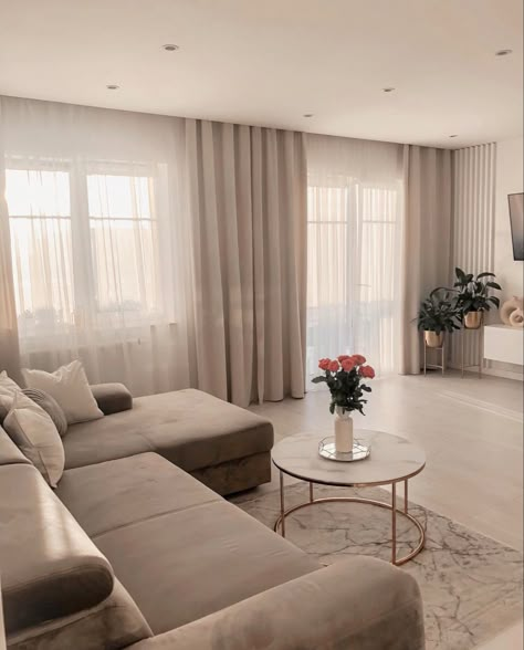 Living Room Esthetics Modern, Beige White Gold Living Room, Living Room Grey Couch Modern, Small Beige Living Room, Lights Ideas Living Room, Living Room With Big Windows, Living Room Modern Lighting, Cream And Beige Living Room, Living Open Space