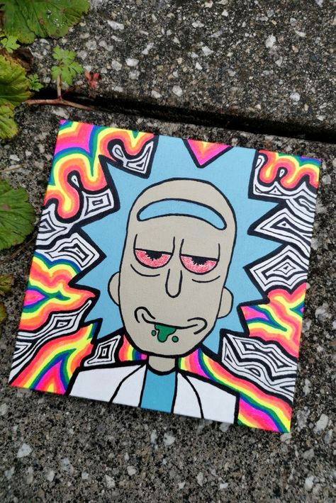 Trippy Cartoon Canvas Art, High Art Trippy, Rick Sanchez Painting, High Rick And Morty Paintings, Drawings To Hang In Your Room, Rick And Morty Painting Trippy, 8x8 Painting Ideas, High Paint Ideas Trippy Easy, Trippy Acrylic Painting Easy