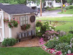 Garden Shed Landscaping, Cottage Shed, Shed Landscaping, Shed Makeover, Shed Decor, Green Houses, Watering Cans, Backyard Sheds, Outdoor Sheds