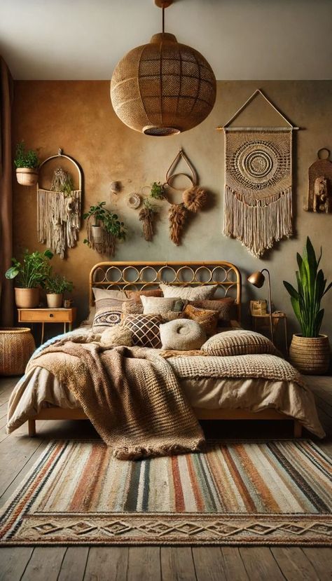 Boho Rattan Bedroom, Rattan Bedroom Ideas, Warm Home Aesthetic, Rattan Bedroom, Bohemian Bedroom Design, Small Studio Apartment Ideas, Bohemian Chic Decor, Inviting Bedroom, Bedroom Decor Lights