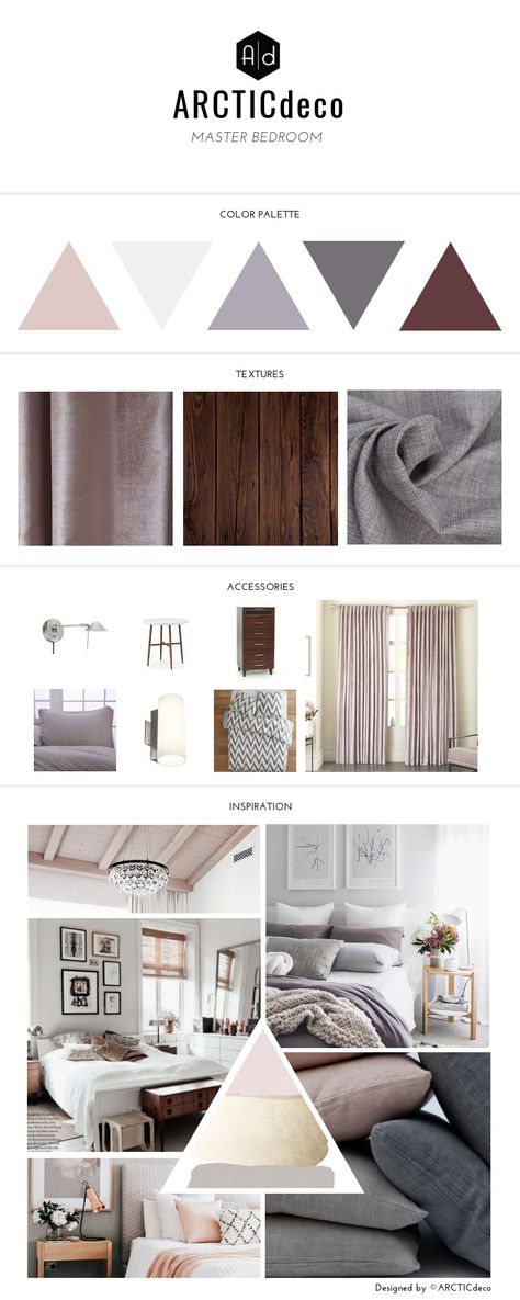 ARCTICdeco.com: Master bedroom mood board Brown Bedroom Mood Board, Main Bedroom Mood Board, Master Bedrooms Mood Board, Pink Bedroom Mood Board, Traditional Interior Design Bedroom, Modern Bedroom Mood Board, Room Perspective, Dark Brown Bedrooms, Bachelor Bedroom