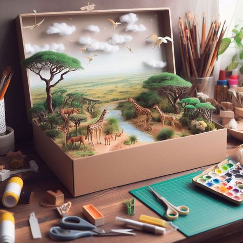 Diorama Animal Habitat, Forest Diorama Shoebox School Projects, Desert Habitat Projects For Kids, Forest Model School Project, Habitat Diorama Ideas For Kids, Diorama Ideas Diy, Shoebox Habitat, Savanna Diorama, School Diorama