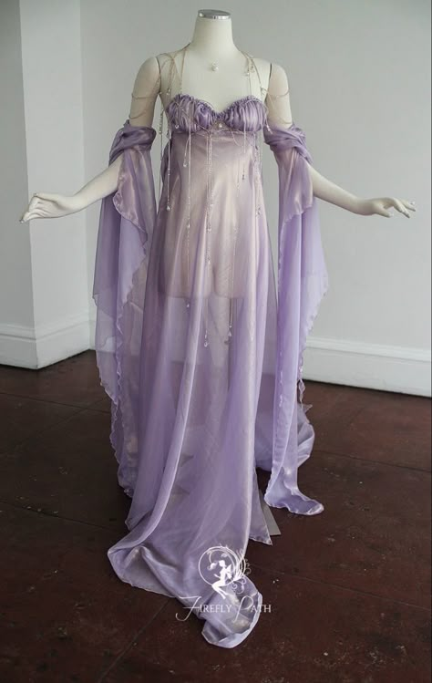 Purple Fantasy Dress, Purple Dress Aesthetic, Firefly Path, Fairy Gown, Elf Dress, Violet Dress, Goddess Outfit, Fair Outfits, Fairytale Fashion