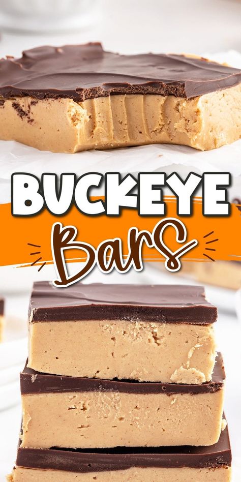 Buckeye Bars is a simple no-bake peanut butter and chocolate dessert recipe based on the classic Ohio state candy ball but made easier in bar form. This naturally gluten-free sweet treat can be prepared in 15 minutes using only 6 ingredients. Quick Easy Desserts 3 Ingredients, Buckeye Bites, Desserts 3 Ingredients, Buckeye Bars Recipe, Buckeye Bars, Desserts For 2, Peanut Butter Dessert Recipes, Butter Desserts, Types Of Desserts