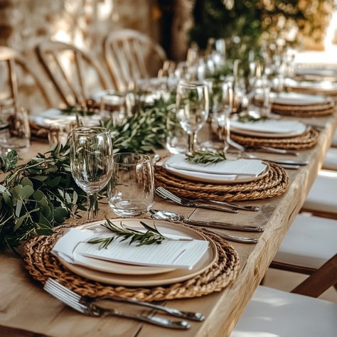 Embrace the beauty of simplicity with this elegant rustic wedding table decor featuring natural woven chargers, greenery accents, and soft neutral tones. The greenery table runner adds a touch of nature, bringing the outdoors in, while the natural textures elevate the overall aesthetic. Save this pin for inspiration on crafting the perfect rustic wedding reception! #RusticWedding #WeddingDecor #NaturalWedding #WeddingInspiration #OutdoorWedding Rustic Chic Table Decor, Community Table Wedding, Wooden Table Setting Wedding, Farm Table Wedding Layout, Country Chic Table Setting, Natural Wedding Table Setting, Wood Placemats Wedding, Rustic Dinner Table Setting, Natural Table Settings Wedding