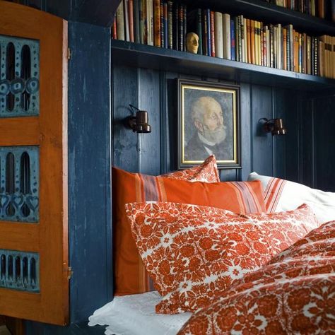 Norwegian Cottage, Orange Bed, Painted Bedroom, June Colors, Scandinavian Cottage, Orange Bedroom, Orange Bedding, Cosy Bedroom, Bedroom Orange