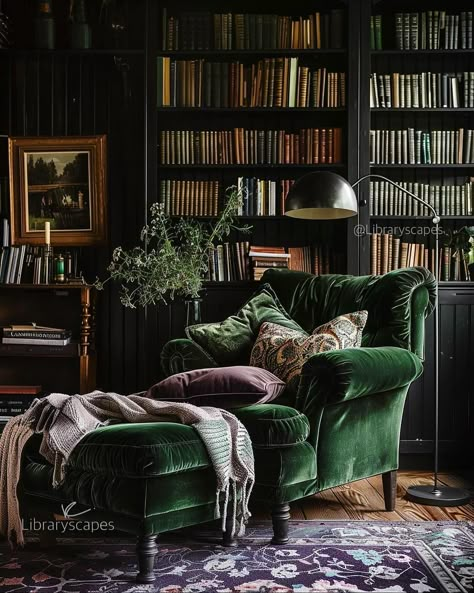 Instagram (@instagram) • Instagram photos and videos Green Library Aesthetic, Green Library, Home Library Rooms, Cozy Library, Victorian Home Interior, Book Corner, Dark Academia Decor, Library Aesthetic, Home Library Design