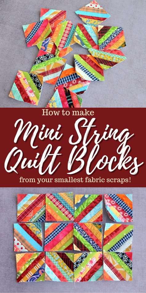 Mini String Quilt Blocks tutorial - collage cover photo Patchwork Sewing Projects, Crumb Quilts, Sewing Projects Patterns, Crumb Quilt, Mini Quilt Patterns, String Quilt, Patchwork Sewing, Scrap Fabric Projects, Scrappy Quilt Patterns