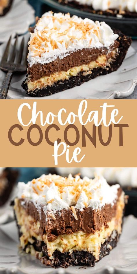 Best No Bake Pie Recipes, Pies With Oreo Crust, Coconut Macaroon Pie Recipe, Chocolate Coconut Pie, Chocolate Coconut Cream Pie, Easy Unique Pie Recipes, Chocolate Nut Pie, Amazing Pie Recipes, Choc Pie