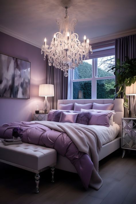 A medium-sized transitional bedroom with a lustrous lavender and white color scheme, featuring timeless furniture, a sleigh bed with a plush blanket, botanical art, and a crystal chandelier, creating a balanced and romantic atmosphere. Mauve Colored Bedroom, Soft Purple Bedroom Ideas, Purple Gold Bedroom Ideas, Bedroom Mauve Walls, Mauve Wallpaper Bedroom, Purple Bedroom Wall Ideas, Master Bedrooms Decor Purple, Mauve And White Bedroom, Mauve And Gold Bedroom