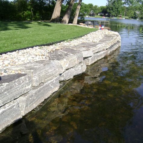 Retaining Wall Ideas, Lake Landscaping, Retaining Wall Design, Lake Dock, Break Wall, Stone Landscaping, Landscaping Retaining Walls, Lakeside Living, Pond Landscaping