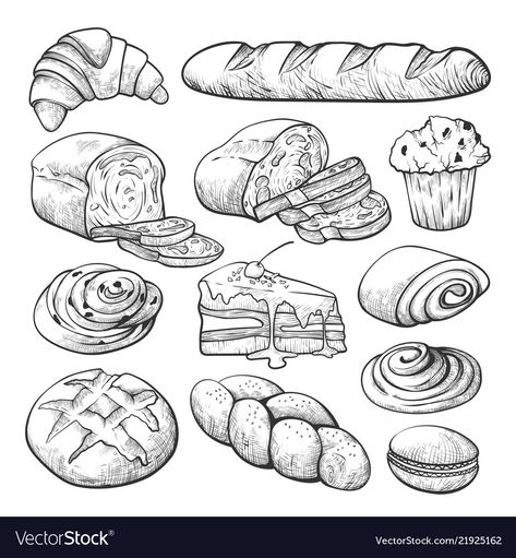 Breads Illustration, Food Drawing Sketches, Bread Tattoo, Product Sketch, Vector Line Art, Food Sketch, Line Art Illustration, Food Illustration Art, Vector Line