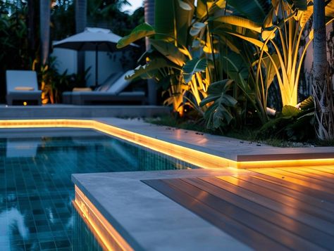 Pool Lighting Ideas, Pool Deck Decorations, Luxury Pools Backyard, Metal Pool, Pool Lighting, Florida Pool, San Myshuno, Led Pool Lighting, Pools Backyard Inground