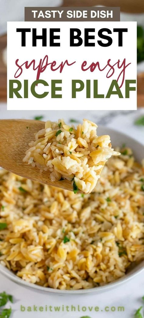 This rice pilaf is made with orzo pasta, long grain white rice, onion, garlic, chicken broth, and just a little salt. It's a super easy recipe that makes a fantastic side dish for chicken, beef, pork, seafood, and more! Best of all, the rice turns out perfectly fluffy and flavorful in about 30 minutes! BakeItWithLove.com How To Make Rice Pilaf, Easy Rice Pilaf Recipe, Recipes Using Jasmine Rice, Long Grain White Rice Recipes, Rice To Go With Fish, Orzo Rice Recipes, Rice Side Dishes For Chicken, Rice Pilaf Recipe Easy, Best Rice Pilaf