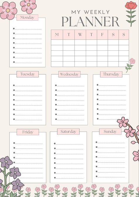 Digital Weekly Planner , Beige Flower Illustration Organised Planner - Etsy Canada nel 2024 | Programma Timetable Planner, Study Planner Printable Free, Student Daily Planner, Template Study, Planer Organisation, Planner Template Weekly, Exam Planner, Planner Weekly Layout, Daily Planner Printables Free