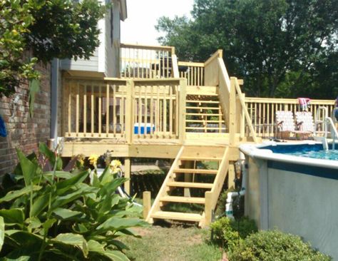 Fabulous two story deck to accompany an above ground pool. Pool Decks For Above Ground Pools, Decks Around Pools, Landscape Design Software, Pool Deck Plans, Backyard Pool Ideas, Living Pool, Backyard Trampoline, Swimming Pool Decks, Pool Deck Ideas