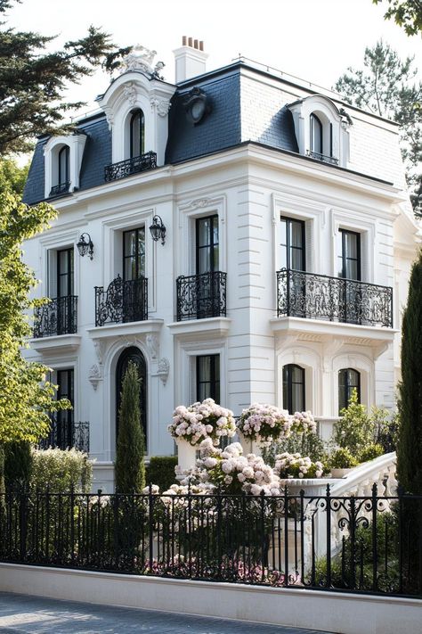 Modern white french mansion with black roof and iron balconies landscape with flowers. Let’s reveal the charming features, quirky details, and luxurious elegance of French mansions. French Home Architecture, Classic French House Interior, Modern Mansion Landscaping, White Classic House, New Money House, French Apartment Exterior, Parisian House Exterior, French Normandy House, French Luxury Interior