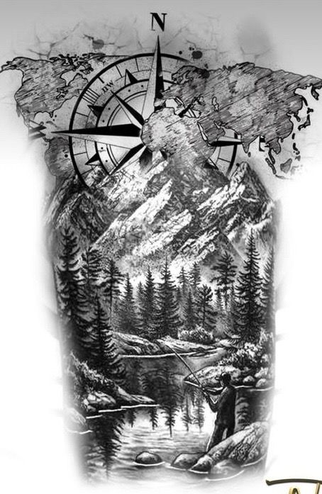 Creative Compass Tattoo, Outdoor Tattoos For Men, Wilderness Tattoo Women, Tattoo Pierna Hombre, Mountain Sleeve Tattoo, Fisherman Tattoo, Forest Forearm Tattoo, Natur Tattoo Arm, Wilderness Tattoo