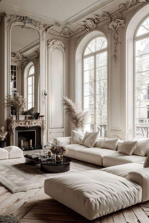 Step into this luxurious Parisian Haussmann interior, featuring a palette of soft white and beige. Blending neoclassical elements with an organic modern style, the space boasts tall ceilings, wide windows, and a sleek glass fireplace. Luxury Parisian Apartment, Elegant Sofas Luxury, Parisian Interior Living Room, Paris Houses Interior, Living Room Parisian, Paris Apartment Living Room, Modern Parisian Interior Design, French Interior Design Parisian Style, Parisian Apartment Living Room