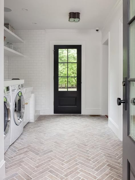 Brick Herringbone Floor, Transitional Laundry Room, Herringbone Tile Floors, Laundry Room Tile, Mudroom Flooring, White Laundry Rooms, Laundry Room Flooring, White Laundry, Studio Build