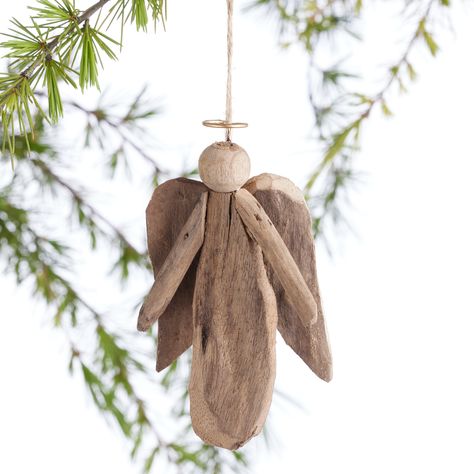 Driftwood Angel Ornament - World Market Driftwood And Shell Mobile, Driftwood Angels, Art With Feathers, Seashell Angels, Driftwood Christmas Decorations, Wood Angels, Driftwood Whale, Driftwood Christmas, Nautical Ornaments