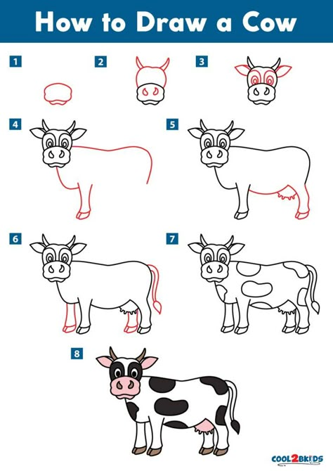 Cows Drawing Easy, How To Draw Farm Animals, Cow Drawing Easy Step By Step, How To Paint A Cow, Draw Cow Easy, Cow Simple Drawing, Cow Sketch Easy, Cow Drawing Simple, Step By Step Cow Drawing