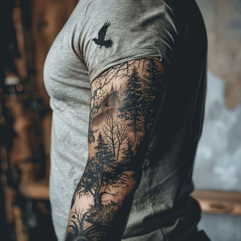 Sleeves For Men Tattoos Guys, Tattoo Ideas For A Sleeve, German Tattoos For Guys, Camo Tattoo Sleeve, Forest Tattoo Leg Sleeve, Animal Bicep Tattoo Men, Swamp Sleeve Tattoo, Canadian Sleeve Tattoo, Bicep Half Sleeve Tattoo Men