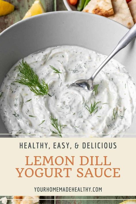 This simple Lemon Dill Yogurt Sauce is made thick and creamy with Greek yogurt and seasoned with fresh herbs. Once you make yogurt sauce at home, you'll never buy store bought again. Have this tangy staple ready to smother on chicken or dip in pita in just 10 minutes! Dill Yogurt Sauce, Easy Tzatziki, Yogurt Dill Sauce, Yogurt Dipping Sauce, Garlic Yogurt, Greek Yogurt Sauce, Cucumber Dip, Lemon Dill Sauce, Greek Yogurt Dips