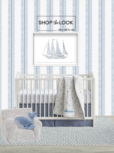 A serene boy's sailboat-themed nursery featuring white furniture with arched details, blue stripe wallpaper, a textured dot rug, a personalized sherpa chair, a plush whale, sailboat map wall art, striped crib sheet, linen crib skirt, and nautical baby bedding. Boy Room Wallpaper, Sherpa Chair, Sailboat Nursery, Blue Stripe Wallpaper, Baby Blue Nursery, Boys Room Wallpaper, Blue Nursery Boy, Nautical Bedding, Nursery Decor Inspiration