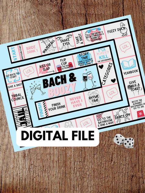 bachelorette party game Bachelorette Board Game Diy, Bachelorette Board Games, Night In Bachelorette Party, Diy Bachelorette Party Games, Bach Party Games, Bachelorette Board Game, Bach Games, Theme Snack, Custom Board Games