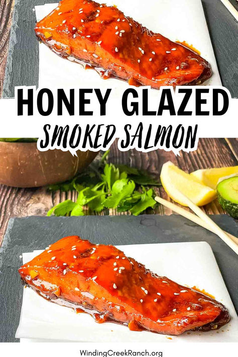 Easy-to-master honey glazed smoked salmon recipe topped with homemade honey glaze and garnished with sesame seeds on a serving platter. Honey Smoked Salmon, Smoked Salmon Recipe, Pellet Smoker Recipes, Honey Glazed Salmon, Salmon Glaze Recipes, Smoked Salmon Recipes, Traeger Recipes, Smoked Meat Recipes, Pellet Grill Recipes