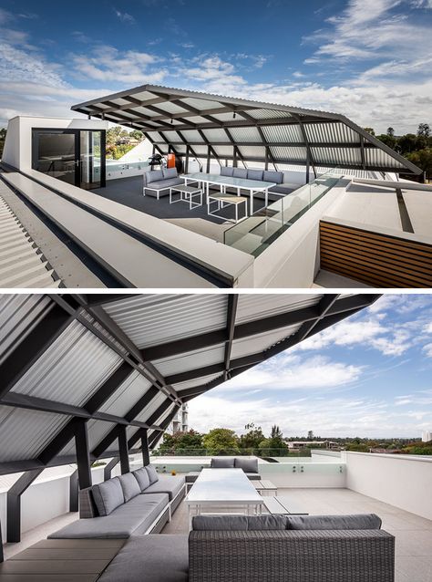 This partially covered rooftop deck takes advantage of the city views and is large enough to entertain a group of friends or family. Roof Decks, Cheap Pergola, Rooftop Terrace Design, Rooftop Design, Pergola Lighting, Pergola Attached To House, Pergola Design, Entertaining Space, Large Backyard